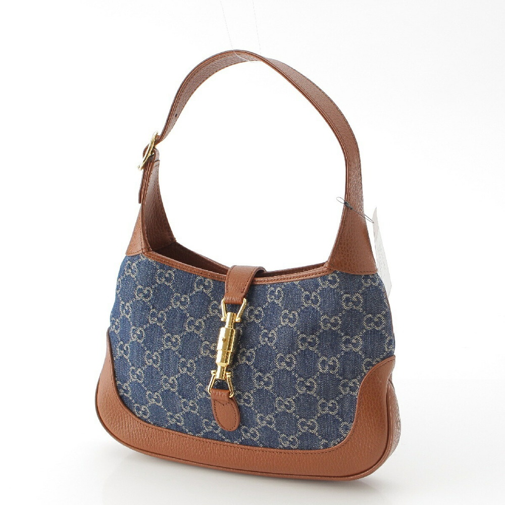 Gucci Indigo Brown GG Handle One Jackie Blue Leather Shoulder Denim Bag